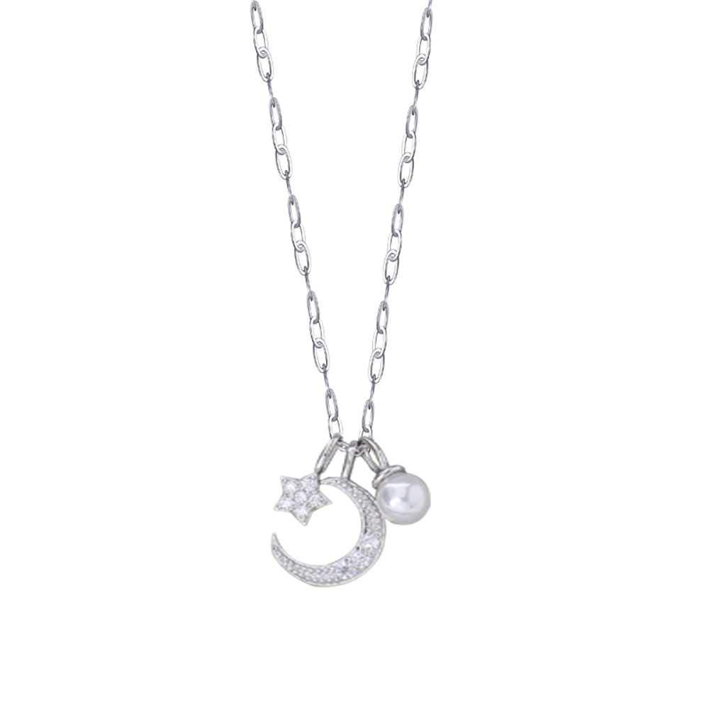 Collier pour femmes anti-allergie en argent S925 avec pendentif perles lune et étoile - 5
