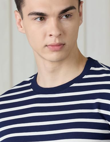 Image of Amazon Brand - Symbol Men Cotton Rich Relaxed Fit Striped Tshirt | Half Sleeves | Available in Plus Size