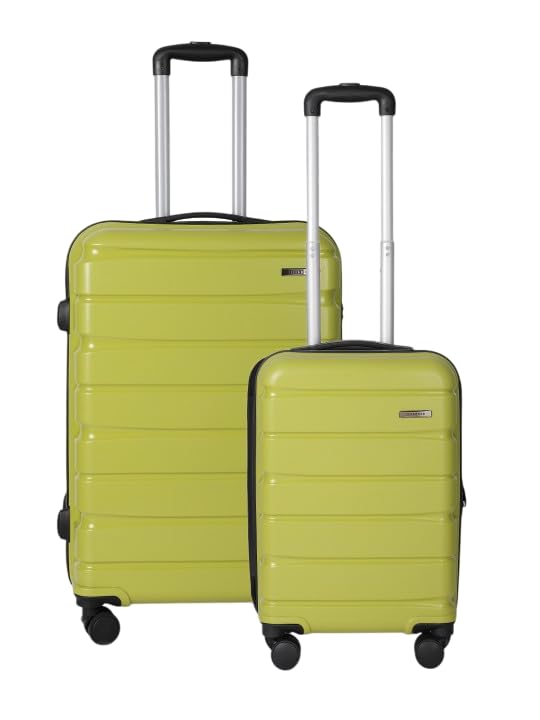 Image of Teakwood Small-Medium Cabin Size 8 Wheels Trolley Bag, Hard Cabin with Zipper Closure, Adjustable Push Button & Cross Side Strap, TSA Lock System 360 Degree (Set of 2, Lime Green)