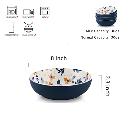Selamica Ceramic 8-Inch Printing Bowls, 30 Ounce Large Pasta Salad Bowls, Wide And Shallow Soup Bowls, Microwave Dishwasher Safe, Set Of 4, Little Yellow Flower. #TOP1