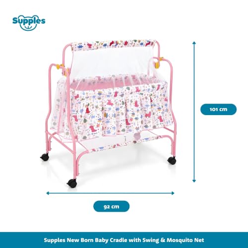 Image of Amazon Brand - Supples Baby Cradle with Swing & Mosquito Net | 0-8 Months | Swing Lock | 4 Wheels with Brake | Soft & Comfortable for Baby Sleep | Sturdy Mild Steel Frame | Pink