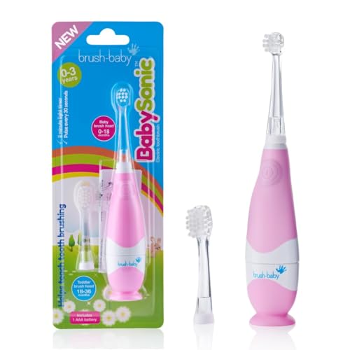 Brush-Baby - BabySonic Pink Electric Toothbrush, 0-36 Months - Soft, Gentle Vibrating Toothbrush for Sensitive Gums & New Teeth - with LED Light & Suction Base - Baby & Toddler Brush Heads