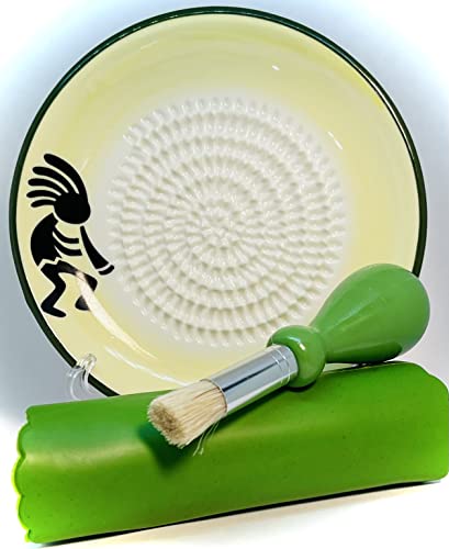 Boncera, All-In-One 4Pcs Prime Ceramic Garlic Grater Set - Kokopelli Design Grater Plate W/Garlic Peeler, Gathering Brush, Display Stand, It's Also Grating Turmeric, Ginger, And More, #TOP6
