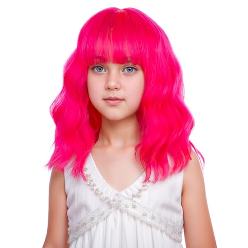 Kids Rose Red Wig Girls Short Hot Pink Wavy Curly Wig Children Pink Wigs with Air Bangs Heat Resistant Synthetic Wigs with Cap