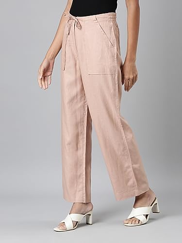 Image of GO COLORS Solid Linen Cargo Pants for Women | Full Length, Mid Rise, Side Pockets