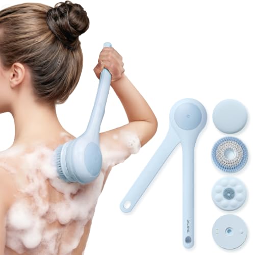 Image of Electric Body Brush, Back Scrubber for Shower with Long Dual Handle, Waterproof Power Shower Brush with 3 Interchangeable Heads & 2 Speeds for Cleansing, Exfoliating and Massage, Cloud Sky