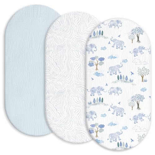 Image of Gllquen Baby Muslin Bassinet Sheets 3 Pack, Breathable Elastic Cozy Fitted Cotton Bassinet Mattress Sheet for Baby Boy Girls, Fit for Hourglass Oval Rectangular Cradle Pad Sheets 33"x17" (Light Blue)