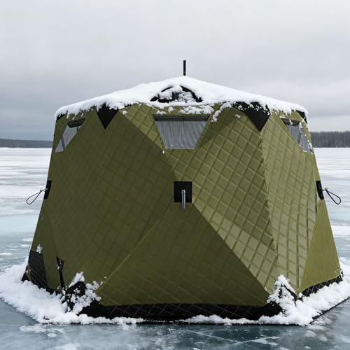 Winter Fishing Tent,Ice Fishing Shelter with Stove Jack and Winter Fishing Mat, Portable Ice Fishing Tent 420D Insulated Layer Ice Shanty Hexagon Ice Huts(260X260X170cm) Green