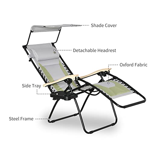 Outsunny Folding Zero Gravity Outdoor Recliner Patio Lounge Chair, Canopy Sun Shade, Headrest, Table Tray, Oxford Fabric, Green #TOP7