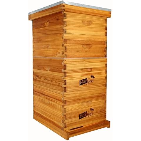 Maybee 8-Frame Langstroth Beehive Dipped in 100% Beeswax, Complete Bee Hives and Supplies Starter Kit Includes 2 Deep Hive Bee Box and 2 Bee Hive Super with Beehive Frames and Foundation Cover