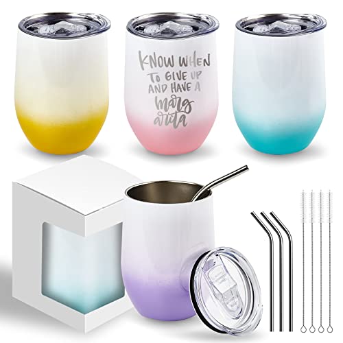 BetterSub 4 Pack 12oz Gradient Color Sublimation Tumblers (Yellow/Pink/Purple/Blue) Double Wall Insulated Stainless Steel Cups with Lid, Straw, Brush & Display Box (4 Packs Gradient Color)