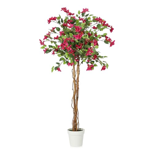 Bougainvillea Artificial Tree, Faux Floor Plant with Pot, 5 ft Tall Fake Tropical Tree for Indoor Outdoor Decor 4ft 11in Set of 1