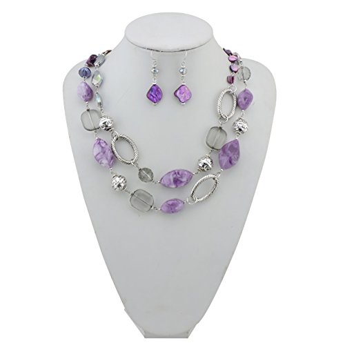 Bocar 2 Strand Statement Choker Shell Necklace and Earring Set for Women Gift (NK-10370-purple)