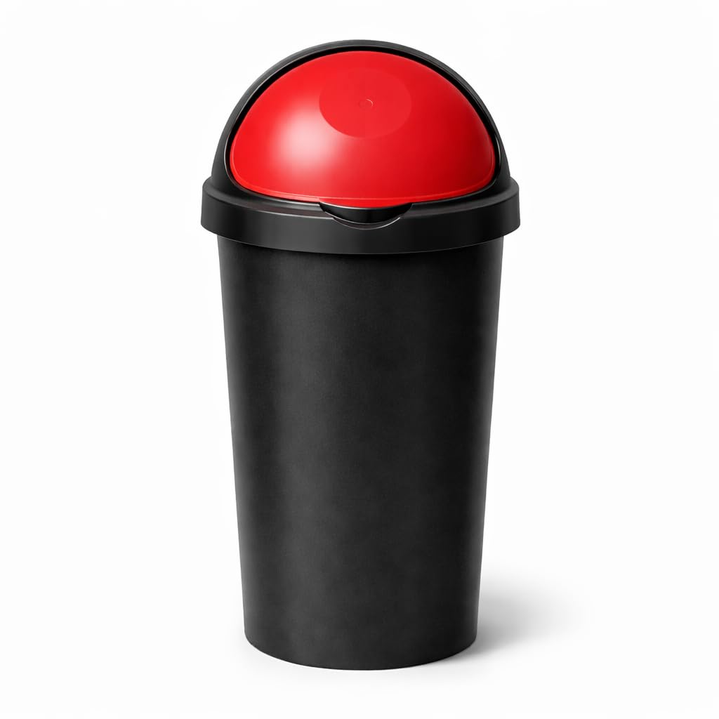 SPECTRAPLAST® 60L Bullet Bin Large Capacity Indoor & Outdoor Waste Bin – Heavy Duty Plastic Rubbish Bin with Flip Lid – Tall Black Base Dustbin for Kitchen, Office & Garden (RED)