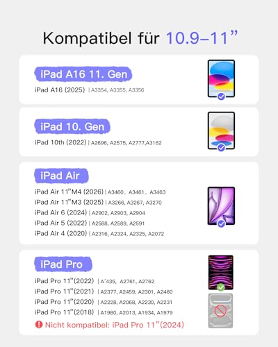 Inateck iPad 10 Generation Hülle mit Tastatur, für iPad 11 Gen. A16 2025 11 Zoll, Air 11 Zoll M3/M2 (2025/2024),Air 5/4, Pro 11 4/3/2/1,mit Touchpad und Stifthalter, Abnehmbar,QWERTZ,Classic N0001 2