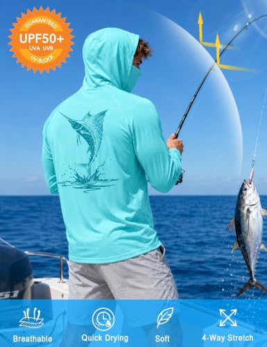 Image of FISHEAL Men's UPF 50+ Sun Protection Fishing Hoodie, Long Sleeve UV Shirts with Mask, Quick Dry Hooded for Outdoor Beach