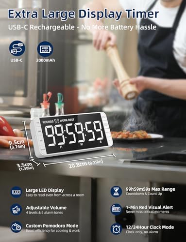 Large 7.8" Digital Timer with LED Display, Magnetic for Kitchen & Classroom - Image 2