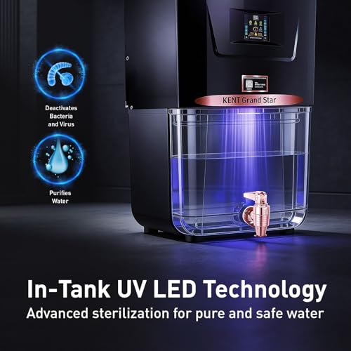 Image of KENT Grand Star RO Water Purifier | RO+UV+UF+TDS Control+Alkaline+Copper+UV in Tank |.0001 Micron RO Membrane | Auto Flush Feature | 9L Tank | 20 LPH | Ideal For Borewell /Tanker /Municipal Water |Black