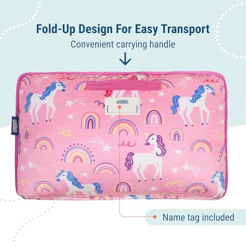 Image of Wildkin Kids Velour Nap Mat for Girls - Soft & Cozy Toddler Sleep Mat with Built-in Blanket for Daycare, Preschool, Kindergarten & Travel, Ages 3-7, Machine Washable - Rainbow Unicorns