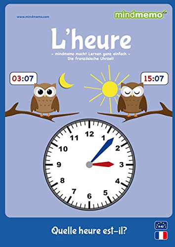 mindmemo Lernfolder - L'HEURE - Uhrzeit lernen Französisch für Kinder Uhr lernen apprendre l'heure Lernhilfe Zusammenfassung PremiumEdition foliert DIN A4 6 Seiten plus Abhefter