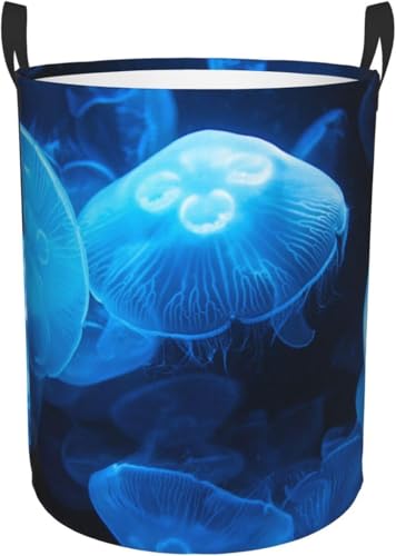 青クラゲ 汚れ服収納洗濯かご 折りたたみ式収納ランドリーボックス 丸型取っ手付き収納ボックス M