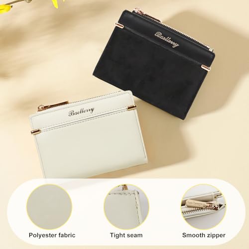 FuninCrea Small Wallet for Women, PU Leather Wallet Women Slim Wallet Bifold Zipper coin Pocket Card Holder Wallet with ID Window and Cash Slot, Compact Solid Color Ladies Wallet for Cion Card (White)3
