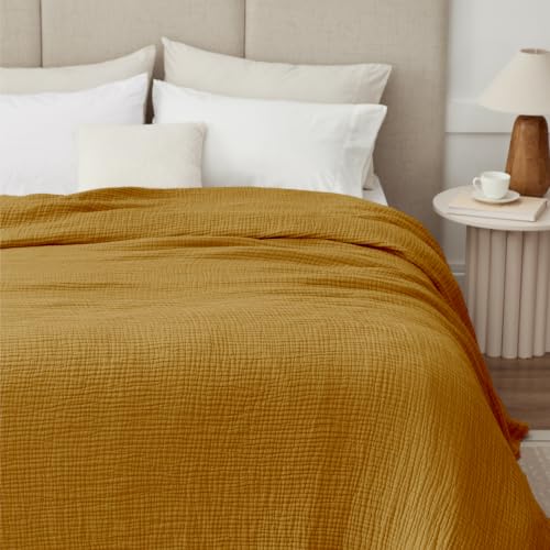 Image of 100% Cotton Muslin Blanket California King 120 inch x 90 inch, 6 Layers Breathable and Lightweight Oversized Blankets for Bed, Soft Cooling Gauze Blanket for Adults All Season, Camel