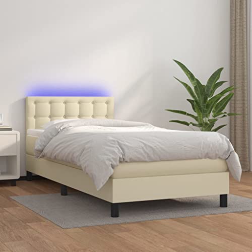 Vetnasa Cama Box Spring colchón y LED Cuero sintético Crema 100x200 cm Mobiliario, Camas y Accesorios, Camas y somieres Crema 46,06 KG
