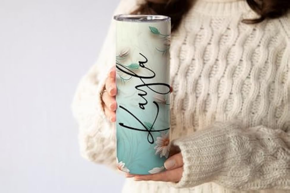 20oz Skinny Tumbler Personalized White And Peach Flowers With Green - Stainless Steel Double Wall Insulated Cup With Lid And Straw