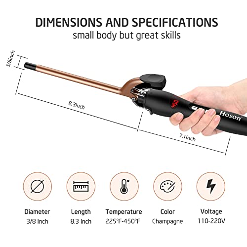 9mm Thin Curling Iron Ceramic, 3/8 Inch Small Barrel Curling Wand for Long & Short Hair, LCD Display with 9 Heat Setting Include Glove(Golden)