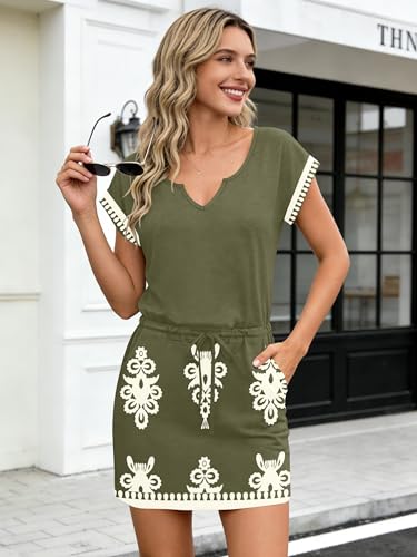 Image of SAUKOLE Women Summer T Shirt Dress Casual Short Sleeve V Neck Dress with Pockets Drawstring Waist Short Dresses