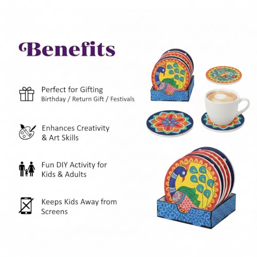 Image of HOBBY INDIA Mandala Art Kit for Adults and Kids | DIY Tea Coaster Set of 6 with Painting Kit | Unique Art and Craft Kit Gift | Perfect Tea Coaster for Office Desk, Dining Table Kitchen Decoration