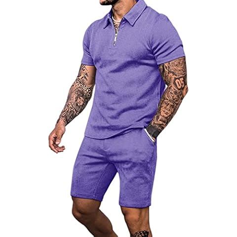 Babioboa Men's Sweatsuit Short Sleeve Polo Suit Summer Zipper Golf Short Sets Waffle Comfy Casual Sets for men(Purple,M) Cover