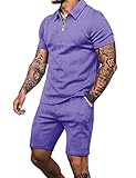 Babioboa Men's Sweatsuit Short Sleeve Polo Suit Summer Zipper Golf Short Sets Waffle Comfy Casual Sets for men(Purple,M)