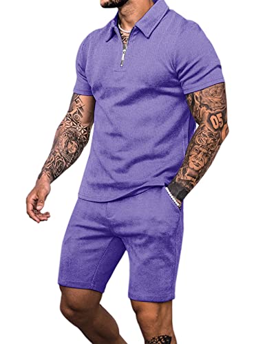 Babioboa Men's Short Sleeve Polo Shirt & Shorts set Summer Two Piece Outfits 3 Pockets zip Tracksuit Casual Athletic Sports