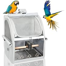 Bird Carrier Bag, Bird Travel Cage with Standing Perch and Indestructible Stainless Steel Mesh, Protable Transparent Breathable Carrier with Feeder Cups for Small Birds Parrot Parakeet, Grey