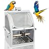 Bird Carrier Bag, Bird Travel Cage with Standing Perch and Indestructible Stainless Steel Mesh, Protable Transparent Breathable Carrier with Feeder Cups for Small Birds Parrot Parakeet, Grey