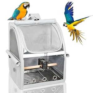 Bird Carrier Bag, Bird Travel Cage with Standing Perch and Indestructible Stainless Steel Mesh, Protable Transparent Breathable Carrier with Feeder Cups for Small Birds Parrot Parakeet, Grey