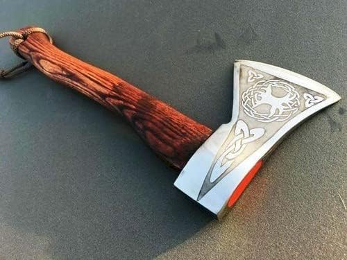 AXE005AM FS Crafts 16.00" Custom Handmade Viking Axe Carbon Steel Hunting Axe Handmade Forged Viking Axe Carbon Steel Head Hatchet with Leather Sheath Ragnar Wood Handle Outdoors Fishing Camping Knife