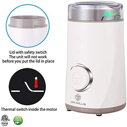 DR MILLS DM-7441W Electric Dried Spice and Coffee Grinder, Blade & Cup Made with SUS304 stianlees SteelWhite)