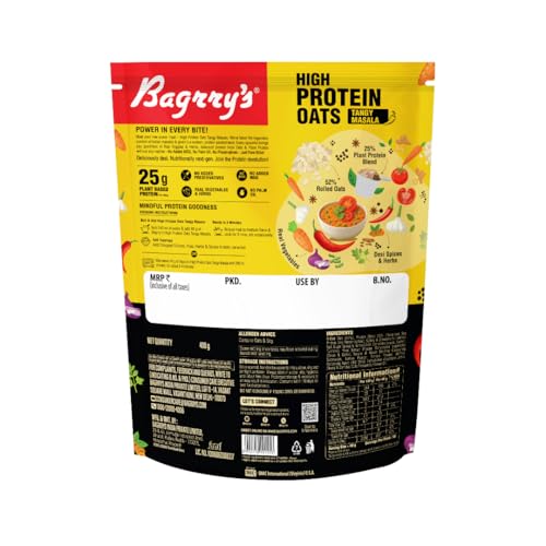 Image of Bagrry's High Protein Masala Oats 400g | 25g Plant Protein | Tangy Masala Flavour | Instant Savoury Oats | Wholegrain Breakfast Cereal with Real Veggies & Herbs | Protein Oats for Gym & Weight Management | No Palm Oil, No MSG, No Added Preservatives | Ready in 3 Minutes