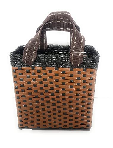 Image of Paperus Re-usable Small Light & Dark Brown Carry Bag, Shopping Bag, Tiffin Basket, Lunch Basket, Eco-Friendly, Handmade, of Paper Ropes 11 in Tall 10 in Length 5 in Wide Base