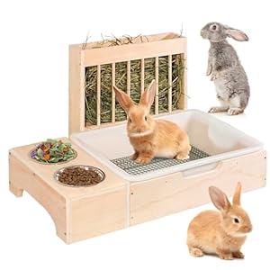 3 in 1 Extra Large Rabbit Hay Feeder with Litter Box, Wooden Bunny Toilet, for Large and Medium-Sized Dwarf Rabbit, Guinea Pig, Chinchillas, Hamster, Ferret, Other Animals