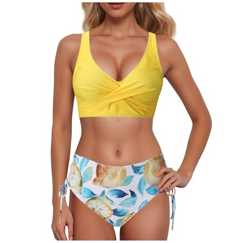 Generisch Bikini de cintura alta para mujer, traje de baño sexy de dos piezas, traje de baño de dos piezas con estampado de volantes, cintura alta, b - amarillo, S