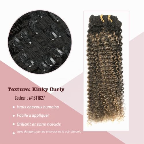 Sixstarhair Kinky Curly Clip Ins Extensions de Cheveux Brésiliens Vierges Crépus Bouclés à Clips 35cm 3C 4A Extensions Enracinées Noires Décolorées au Noir Naturel Avec Blond Fraise #27 7 Pièces 120g – vue 3