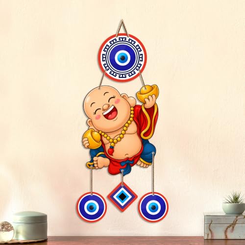 Image of Artvibes Happy Buddha with Gold Ingot Evil Eye Wall Hanging | Wealth Attraction Prosperity Decor | Lucky Nazar Battu Ornament for Home Entrance | Living Room | Office | Gift Item (WH 85144N)