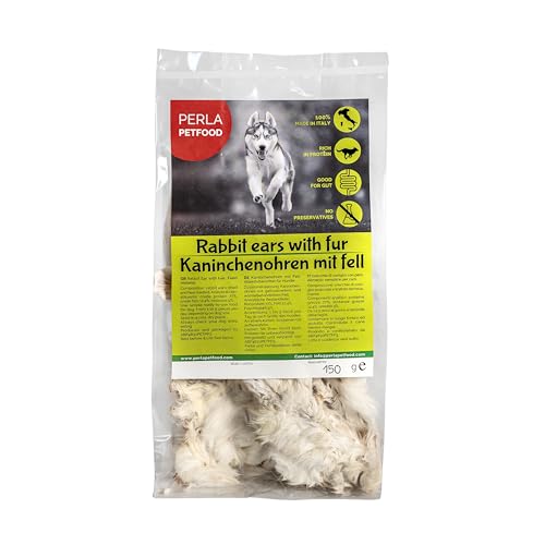 Perla PetFood - Perla PetFood - Snacks pour chiens - Oreilles de lapin avec fourrure - Aliment naturel viande séchée 100% italienne sans conservateurs - Haute teneur en protéines - Snack BARF (150 gr, Lapin)