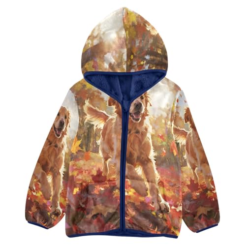 Happy Dog Amidst Autumn Leaves Toddler Fleece Jacket Girl Boys Hooded Fleece Jacket Coat Warm Outwear Zip-up 3-10T