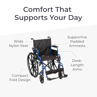 Drive Medical Blue Streak Lightweight Wheelchair - Portable Folding Mobility Aid - Swing-Away Footrests - Desk Arms - Durable Steel Frame - Easy Transport & Storage - 18-Inch Seat