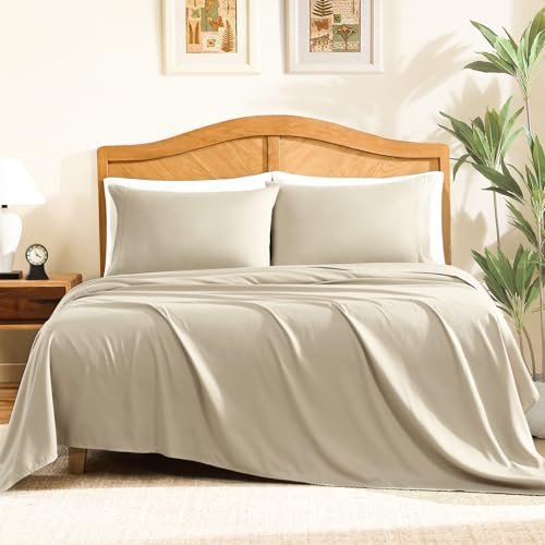 ClevaHome Sheet Set Queen Size, 4-Piece Bedding, Lightweight & Super Soft Easy Care Microfiber– Shrinkage & Fade Resistant Bedding Set with 14'' Deep Pockets (Sandy Beige)